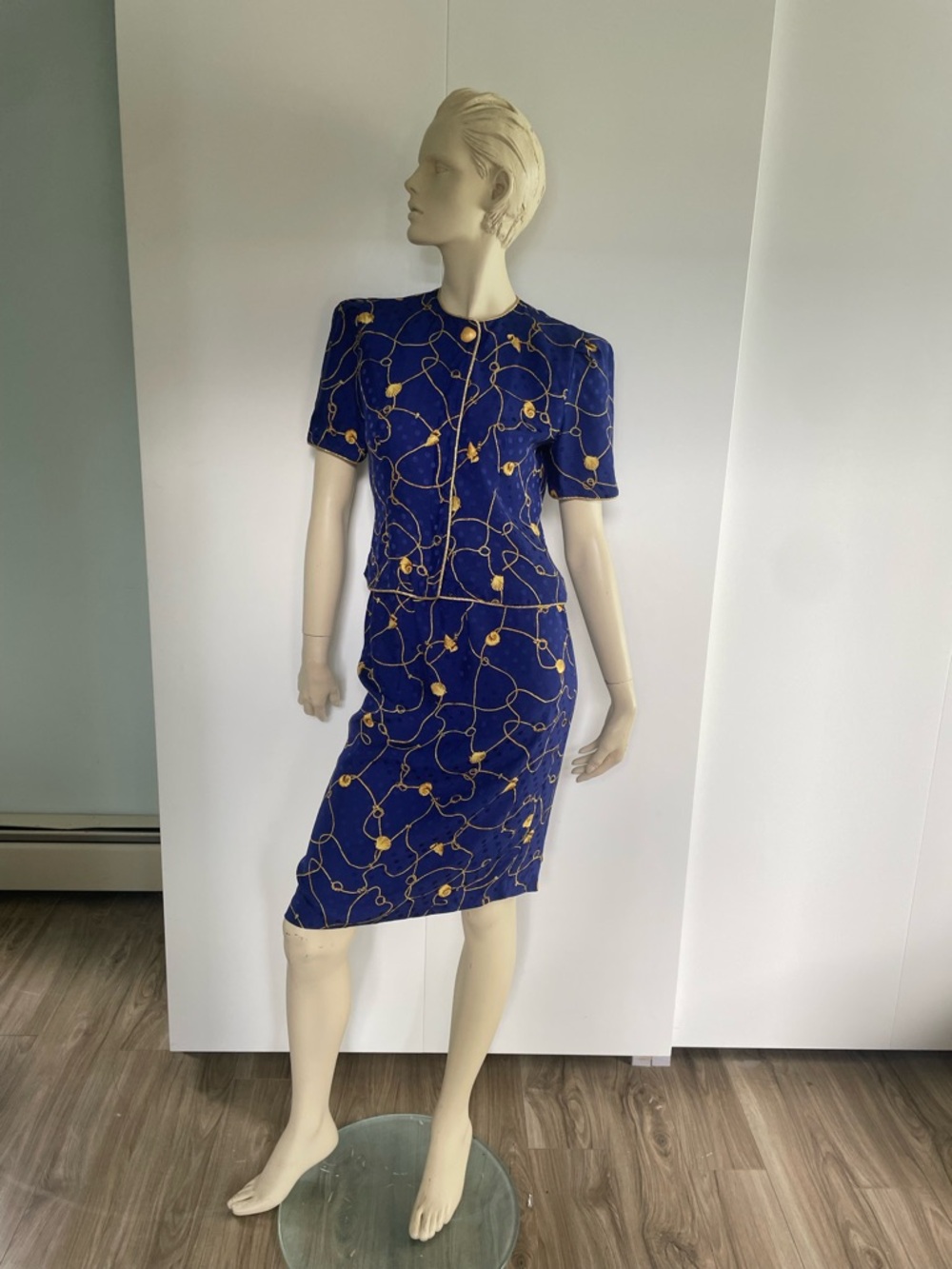 Vintage 1980s Blue Silk Two-Piece Dress Suit with Nautical Gold Chain Motif